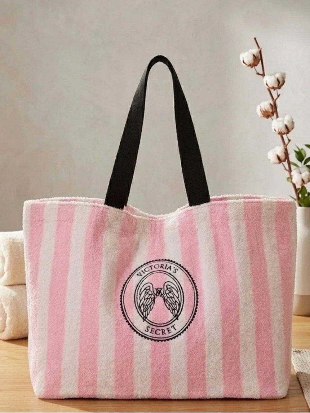 Victoria's Secret Pink & White Striped Angel Essentials Terry Tote Bag